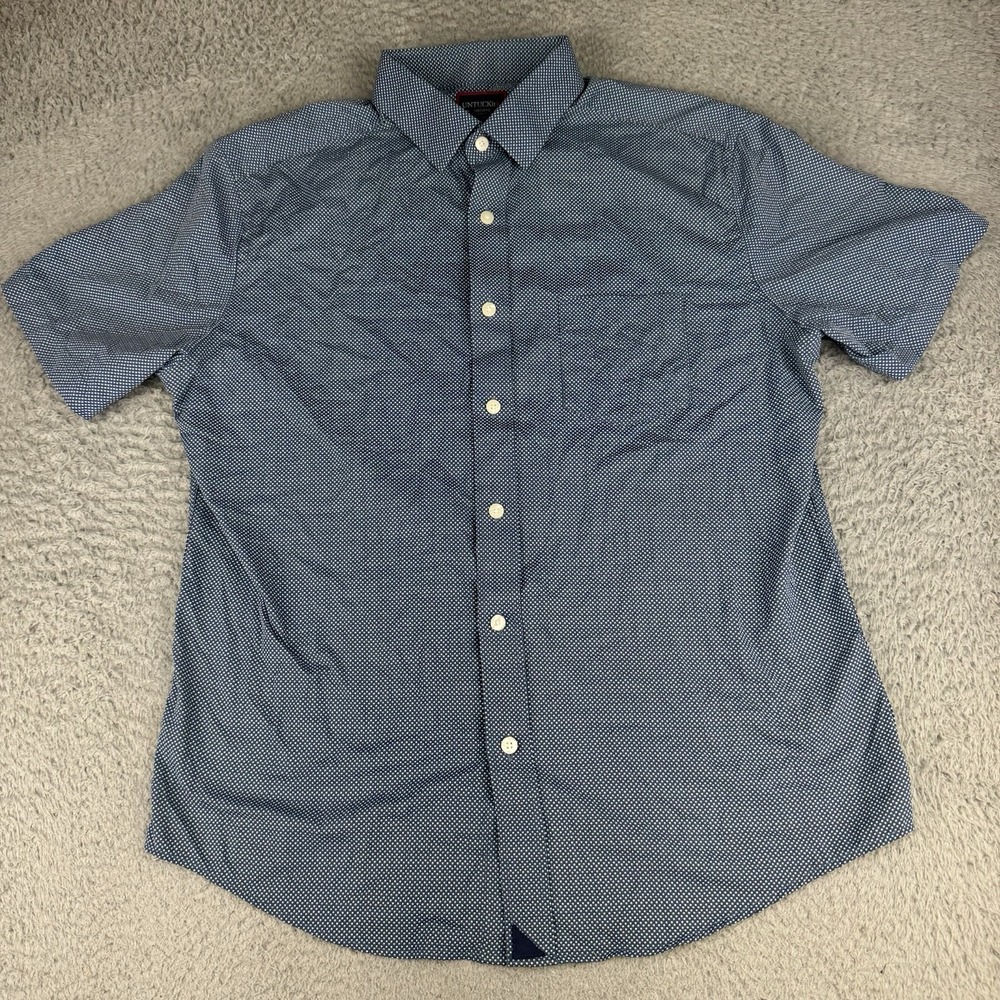 UNTUCKit Button Front Shirt Mens Medium Blue Geometric Stretch Short Sleeve